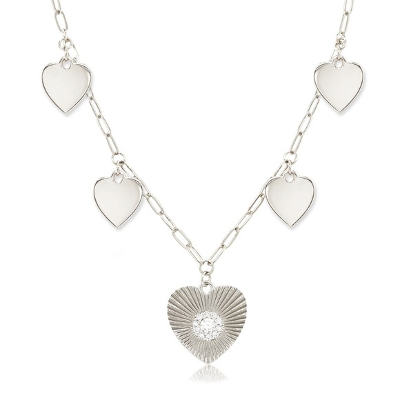 Jennifer Miller Silver Multi Heart Disc & CZ Heart Textured Charm Chain Necklace - Picture 2 of 3